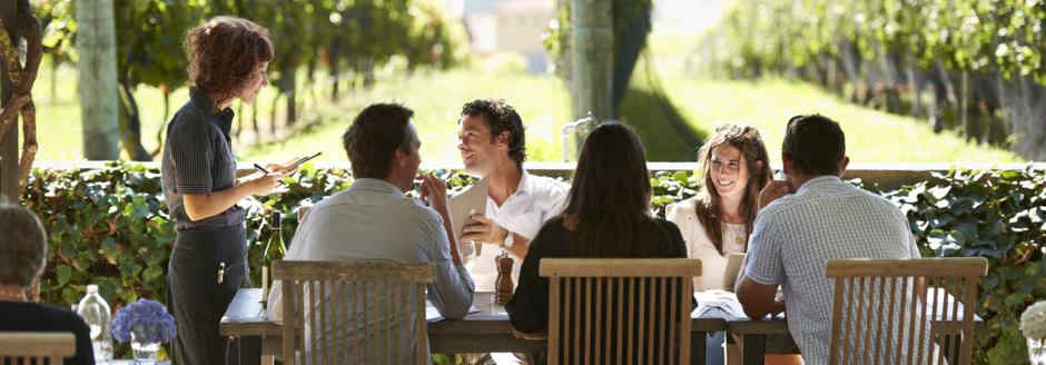 Dining in vineyard and people ordering food